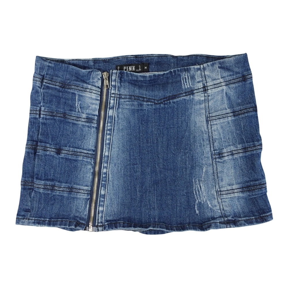 Y2K‎ Denim Mini Skirt Womens M Blue Zip Front Distressed Micro Moto Grunge Vtg